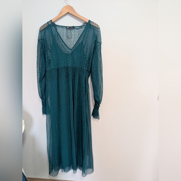 Zara Green Long Sleeve Dress Weddings Slip Sheer Midi Gorgeous Deep Green Small - Picture 15 of 16
